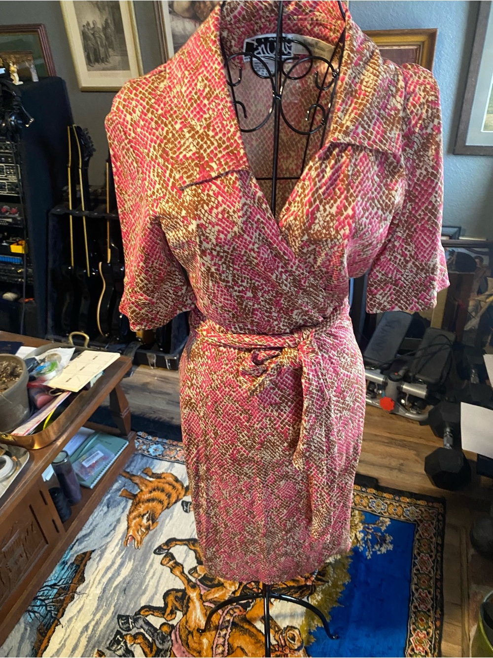 Vintage Diane Von Furstenberg pink and brown snake print wrap dress